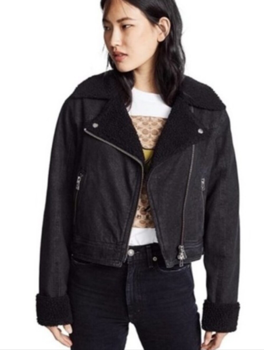 Veronica Beard Rosina denim Moto Jacket With Sherpa Lining